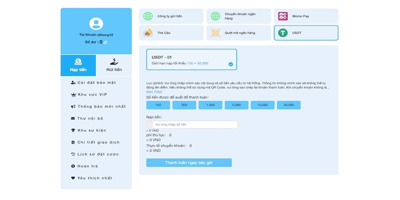 Hướng dẫn nạp tiền WW88 USDT