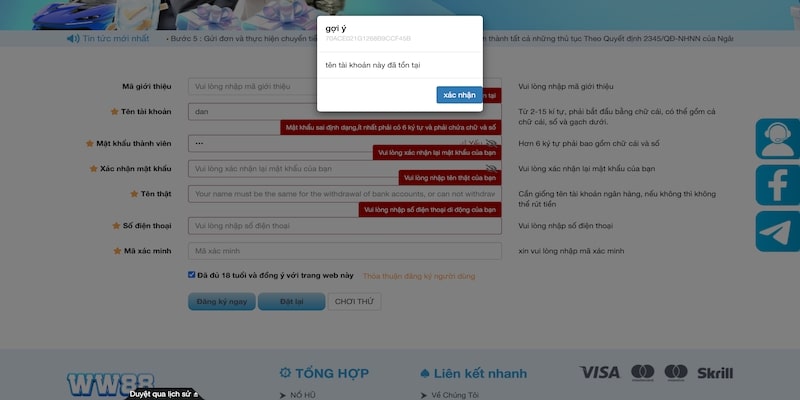 Xác nhận thông tin đăng ký WW88